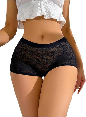 OYOANGLE Women's Lace Sheer Boyshorts Underwear Mid Rise Comfy Breathable Panties in Saudi Arabia