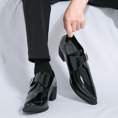 Men's Patent Leather Chunky Heels Dress Loafers with Monk Strap Modern Pointed Toe Tuxedo Oxford Shoes for Formal Business Office Church in Saudi Arabia