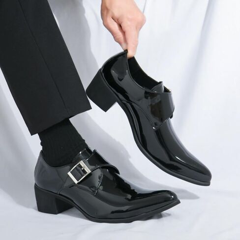 Men's Patent Leather Chunky Heels Dress Loafers with Monk Strap Modern Pointed Toe Tuxedo Oxford Shoes for Formal Business Office Church in Saudi Arabia