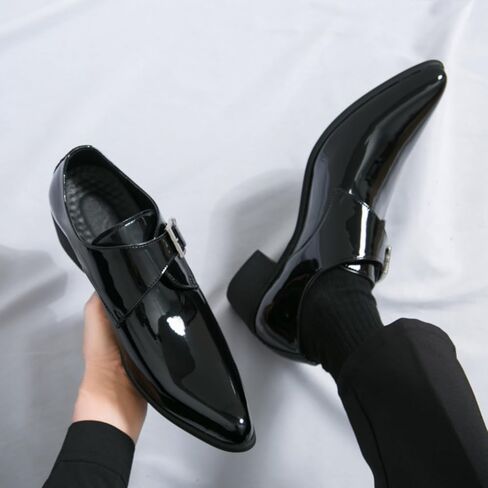 Men's Patent Leather Chunky Heels Dress Loafers with Monk Strap Modern Pointed Toe Tuxedo Oxford Shoes for Formal Business Office Church in Saudi Arabia