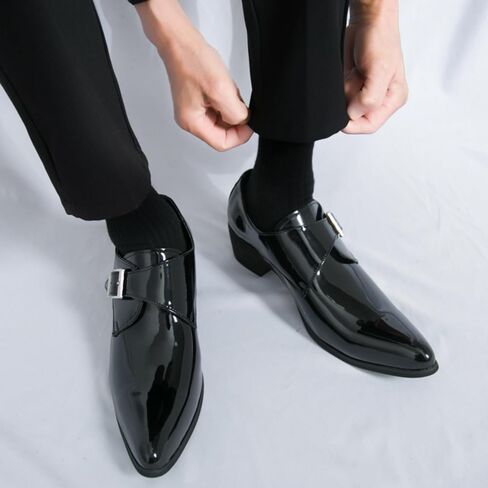 Men's Patent Leather Chunky Heels Dress Loafers with Monk Strap Modern Pointed Toe Tuxedo Oxford Shoes for Formal Business Office Church in Saudi Arabia