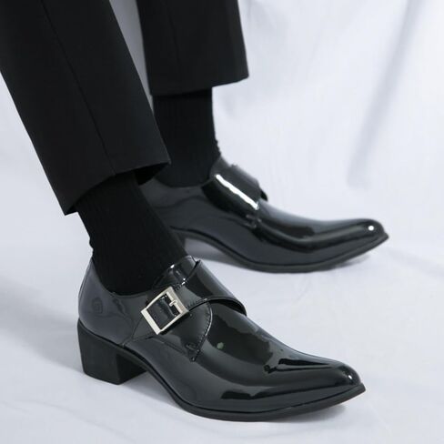 Men's Patent Leather Chunky Heels Dress Loafers with Monk Strap Modern Pointed Toe Tuxedo Oxford Shoes for Formal Business Office Church in Saudi Arabia