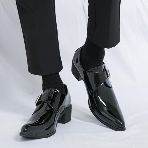 Men's Patent Leather Chunky Heels Dress Loafers with Monk Strap Modern Pointed Toe Tuxedo Oxford Shoes for Formal Business Office Church in Saudi Arabia
