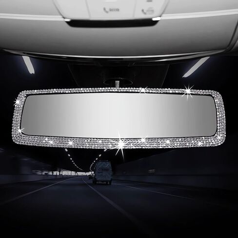 Bling Rhinestone Car Rear View Mirror - Crystal Diamond Decor for Women - Stylish Automotive Interior Accessory (Silver) in Saudi Arabia