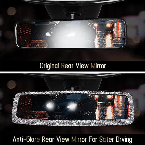 Bling Rhinestone Car Rear View Mirror - Crystal Diamond Decor for Women - Stylish Automotive Interior Accessory (Silver) in Saudi Arabia
