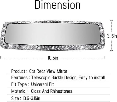 Bling Rhinestone Car Rear View Mirror - Crystal Diamond Decor for Women - Stylish Automotive Interior Accessory (Silver) in Saudi Arabia
