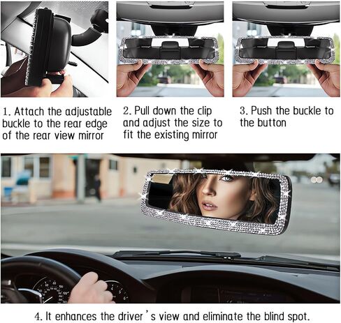 Bling Rhinestone Car Rear View Mirror - Crystal Diamond Decor for Women - Stylish Automotive Interior Accessory (Silver) in Saudi Arabia