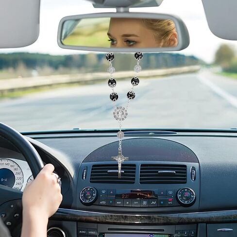2 PCS Car Rosary لمرآة الرؤية الخلفية ، مخصصة المباراة المسبقة المسبقة التلقائية المسبحة المرآة المسبحة ، Universal Car View View Mirror Hanging Decor Exclseories for Woman Men (Black) in Kuwait