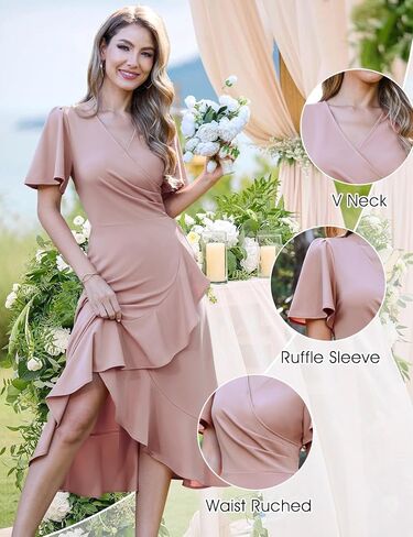 MUADRESS Ruffle Sleeve V Neck Women Formal Dress Wrap Midi Slit Cocktail Wedding Party Mermaid Dresses in Saudi Arabia