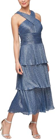 S.L. Fashions Women's Cross Neckline Midi Cocktail Tiered Skirt, Special Occasion Dress in Saudi Arabia