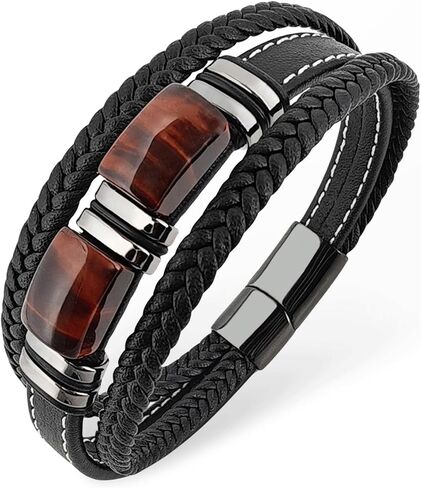 Tiger Eye Bracelet Men Leather Braided Black Wristband Natural Stone Protection Stainless Steel Bangle Gifts for Him in Saudi Arabia