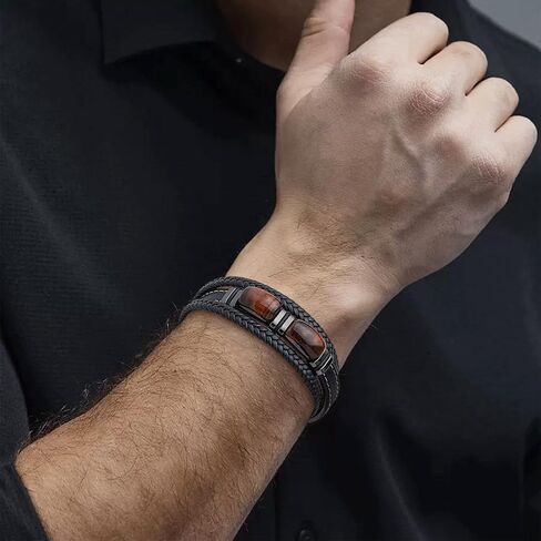 Tiger Eye Bracelet Men Leather Braided Black Wristband Natural Stone Protection Stainless Steel Bangle Gifts for Him in Saudi Arabia