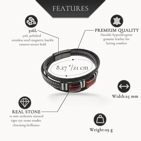 Tiger Eye Bracelet Men Leather Braided Black Wristband Natural Stone Protection Stainless Steel Bangle Gifts for Him in Saudi Arabia