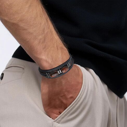 Tiger Eye Bracelet Men Leather Braided Black Wristband Natural Stone Protection Stainless Steel Bangle Gifts for Him in Saudi Arabia