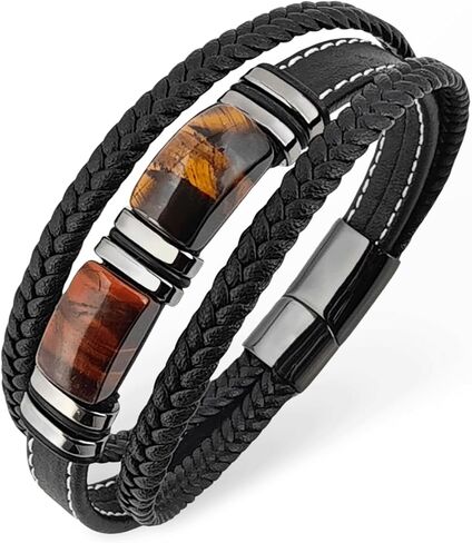 Tiger Eye Bracelet Men Leather Braided Black Wristband Natural Stone Protection Stainless Steel Bangle Gifts for Him in Saudi Arabia