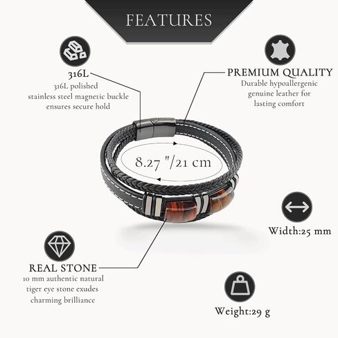 Tiger Eye Bracelet Men Leather Braided Black Wristband Natural Stone Protection Stainless Steel Bangle Gifts for Him in Saudi Arabia