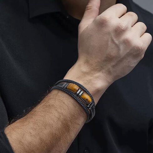 Tiger Eye Bracelet Men Leather Braided Black Wristband Natural Stone Protection Stainless Steel Bangle Gifts for Him in Saudi Arabia