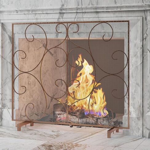 Kingson Single Panel Fireplace Screen Cover Handcrafted Solid Wrought Iron Mesh, Heat-Resistant Fire Spark Guard for Inside Fireplace-Brushed Copper in Kuwait