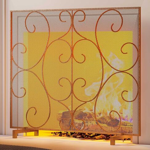 Kingson Single Panel Fireplace Screen Cover Handcrafted Solid Wrought Iron Mesh, Heat-Resistant Fire Spark Guard for Inside Fireplace-Brushed Copper in Kuwait