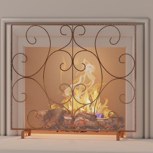Kingson Single Panel Fireplace Screen Cover Handcrafted Solid Wrought Iron Mesh, Heat-Resistant Fire Spark Guard for Inside Fireplace-Brushed Copper in Kuwait