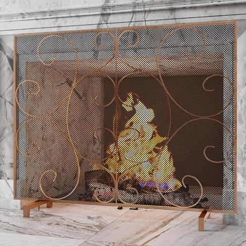 Kingson Single Panel Fireplace Screen Cover Handcrafted Solid Wrought Iron Mesh, Heat-Resistant Fire Spark Guard for Inside Fireplace-Brushed Copper in Kuwait
