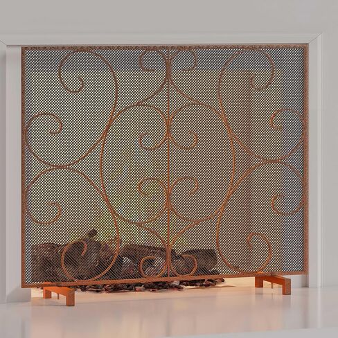 Kingson Single Panel Fireplace Screen Cover Handcrafted Solid Wrought Iron Mesh, Heat-Resistant Fire Spark Guard for Inside Fireplace-Brushed Copper in Kuwait