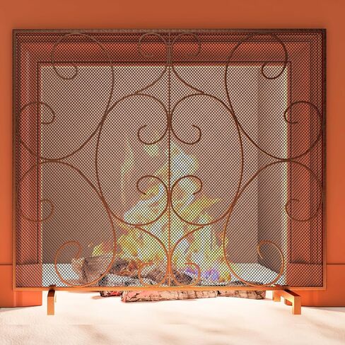Kingson Single Panel Fireplace Screen Cover Handcrafted Solid Wrought Iron Mesh, Heat-Resistant Fire Spark Guard for Inside Fireplace-Brushed Copper in Kuwait
