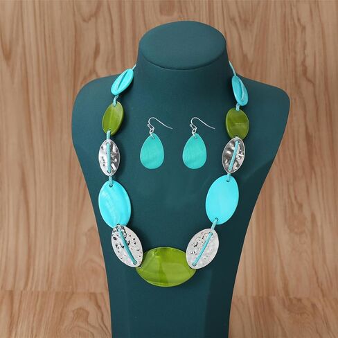 Large Chunky Geometric Statement Necklace and Earrings Set Colorful Beaded 18" Choker for Women Silver Gold Metal Accents Fashion Jewelry Set Gifts for Holiday in Kuwait