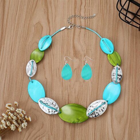 Large Chunky Geometric Statement Necklace and Earrings Set Colorful Beaded 18" Choker for Women Silver Gold Metal Accents Fashion Jewelry Set Gifts for Holiday in Kuwait