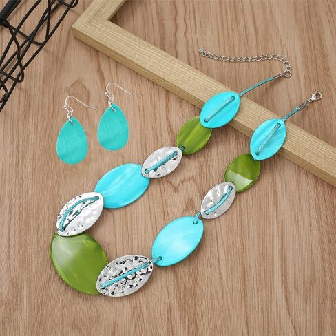 Large Chunky Geometric Statement Necklace and Earrings Set Colorful Beaded 18" Choker for Women Silver Gold Metal Accents Fashion Jewelry Set Gifts for Holiday in Kuwait