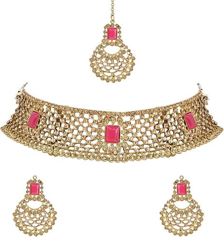 I Jewels Gold Plated Indian Wedding Bollywood Stone Work Design Choker Necklace Jewellery Set With Chandbali Earring & Maang Tikka For Women (M4172) in Saudi Arabia