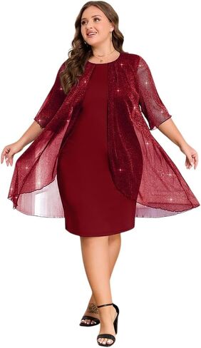 ZNU Plus Size Women Elegant Wedding Guest Mesh Dress Formal Gowns - 2025 Cocktail Party Midi Dress Half Sleeve in Saudi Arabia