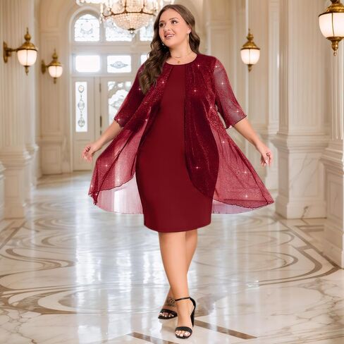 ZNU Plus Size Women Elegant Wedding Guest Mesh Dress Formal Gowns - 2025 Cocktail Party Midi Dress Half Sleeve in Saudi Arabia