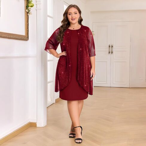 ZNU Plus Size Women Elegant Wedding Guest Mesh Dress Formal Gowns - 2025 Cocktail Party Midi Dress Half Sleeve in Saudi Arabia