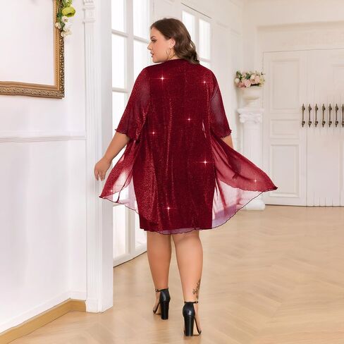 ZNU Plus Size Women Elegant Wedding Guest Mesh Dress Formal Gowns - 2025 Cocktail Party Midi Dress Half Sleeve in Saudi Arabia