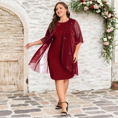 ZNU Plus Size Women Elegant Wedding Guest Mesh Dress Formal Gowns - 2025 Cocktail Party Midi Dress Half Sleeve in Saudi Arabia