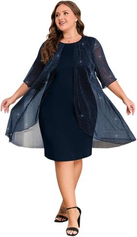 ZNU Plus Size Women Elegant Wedding Guest Mesh Dress Formal Gowns - 2025 Cocktail Party Midi Dress Half Sleeve in Kuwait