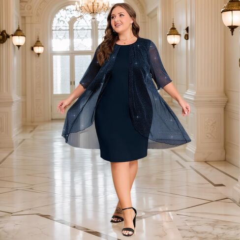 ZNU Plus Size Women Elegant Wedding Guest Mesh Dress Formal Gowns - 2025 Cocktail Party Midi Dress Half Sleeve in Kuwait