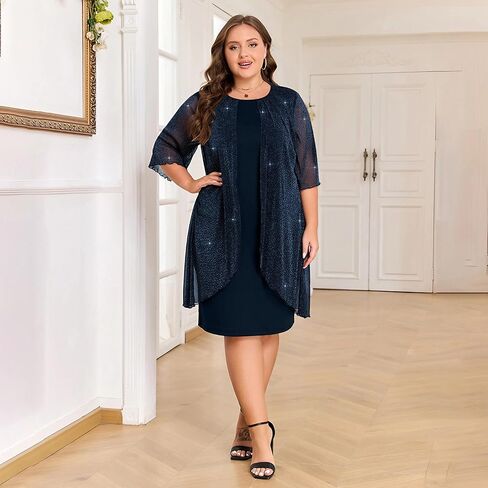 ZNU Plus Size Women Elegant Wedding Guest Mesh Dress Formal Gowns - 2025 Cocktail Party Midi Dress Half Sleeve in Kuwait