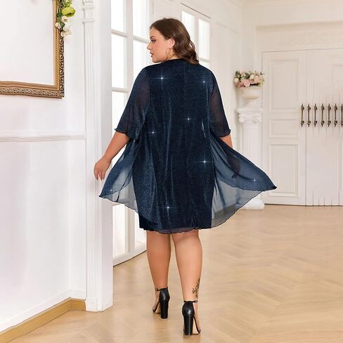 ZNU Plus Size Women Elegant Wedding Guest Mesh Dress Formal Gowns - 2025 Cocktail Party Midi Dress Half Sleeve in Kuwait