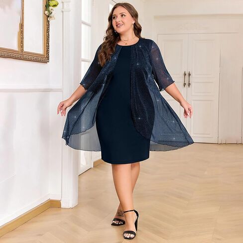 ZNU Plus Size Women Elegant Wedding Guest Mesh Dress Formal Gowns - 2025 Cocktail Party Midi Dress Half Sleeve in Kuwait