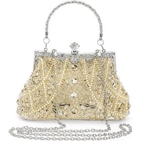 1920s Vintage Evening Bag, Champagne Beaded Clutch Purse for Woman, Elegant Rhinestone Clutch Crossbody Bag with Sequin Pearl, Evening Handbag Shoulder for Formal Bridal Wedding Party Prom