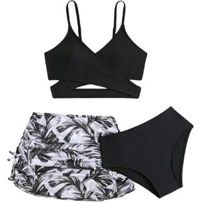 Girl's 3 Piece Bikini Sets Swimsuit Cut Out High Waisted Bathing Suits with Tropical Beach Skirt Beachwear
