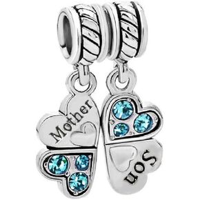 Sterling Silver Blue Rhinestone 'Mother Son Love' Heart European Bead Charm