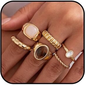 6 Pcs Chunky Gold Rings for Women Stackable Silver Flower Ring Set Vintage Statement Pearl Gemstone Rings Knuckle Costume Prom Jewelry Accessories