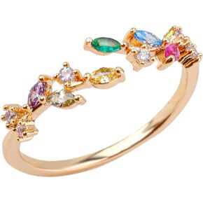 Adjustable Open Ring for Women, Delicate Cubic Zirconia Leaf Flower Rings with Jewelry Box Elegant Leaf Ring Stackable Rings Ideal Jewelry Gifts for Birthday Mother Valentine