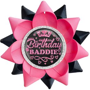 Handmade Birthday Baddie Button, Happy Birthday Button Pins for Girls or Women, Black Hot Pink Grosgrain Ribbon Pins for Birthday Party Decorations Supplies Gifts Ideas (3.75 * 3.75inch)