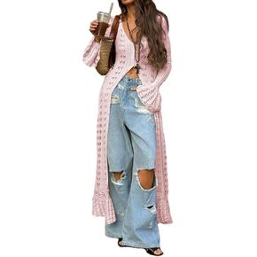 Women Elegant Crochet Knit Maxi Dress Button Down Hollow Out Cover Up Vacation Long Dress