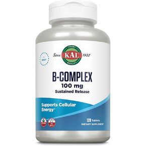 KAL B-100 Complex - Sustained Release Vitamin B Complex - Healthy Energy Support with Natural Support Base and Fresh Minty Coating - Vegetarian - 60 Day Guarantee - 120 Servings, 120 Tablets