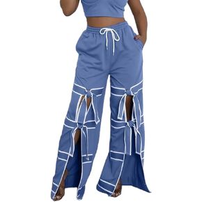 Vaceky Bow Tie Sweatpants Women Wide Leg Split Flowy Casual Trouser Pants